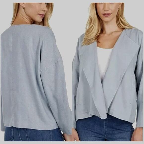 Eileen Fisher Organic Linen Dawn Drape Front Jacket |  Size M, Blue NWT $278 - Picture 2 of 10